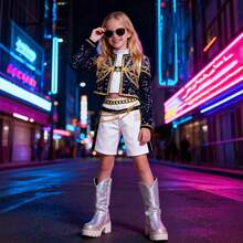 K-P-Op RU-Mi Demon-Glitter-Hunters Kids' Stage Outfit Set – Sparkly Sequin Cropped Jacket + High-Waist Shorts, Ru-Mi Signature Style, Performance Wear For 3-16y Girls & Style Fans - 黑色 - 查看 4