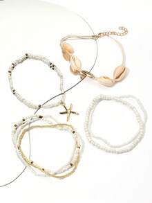 7pcs/Set Women Star & Pearl Anklet Set, Charming Anklet, Handmade Jewelry Accessories, Summer Beach Decor Gift - Beige - View 3