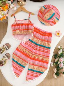 3pcs/Set Girls Casual Geometric Print Sleeveless Top + Matching Allover Print Hat And Capri Pants Outdoor Suit, Spring/Summer - Multicolor - View 2