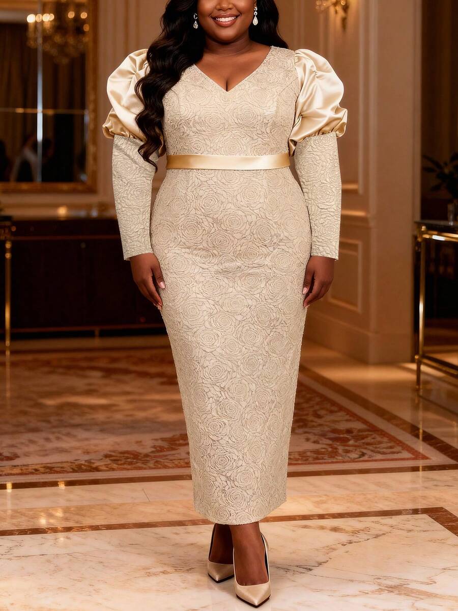 Plus Size Women's Gold Jacquard Long Cocktail Dress, V-Neck Puff Sleeve Pencil Dress With Slit Design, Elegant Woven Fabric, Suitable For Special Occasions Wedding Spring Party