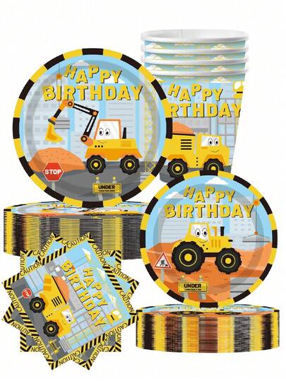 10pcs Cartoon Truck Birthday Party Supplies Construction Theme Plates Cups Paper Towels Construction Trucks Tractors Dumpers Excavators Vehicle Theme Parties, Holiday Celebrations, Birthday Parties, Tea Parties, Home Office Parties Camping Travelling
