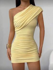 One-Shoulder Short Dress With Draping – Elegant, Sensual, And Perfect - Màu vàng - Xem 4