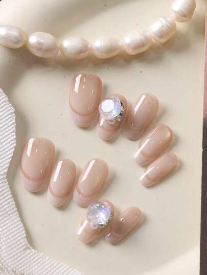 10pcs Press On Nails Short Acrylic Nail Kit Cat's Eye Pink French Style Flash Diamond Fake Nails Short Office DailyWear False Nails Artificial Nails Kit Includes 1sheet Adhesive Tabs &1 Pc Mini File