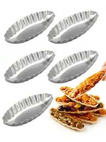1个/2个/4个铝制船形挞模，铝制迷你挞盘，蛋挞模具，花边，菊花船形模具，不粘迷你派盘，布丁模具，小巧船形挞盘，波浪花铝制烘焙工具，可重复使用的甜点托盘，烘焙工具，厨房小工具 - 銀色 - 查看 10