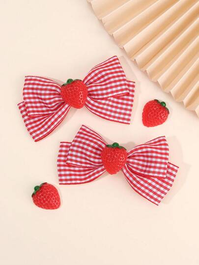 2pcs Sweet Strawberry Decor Hair Bows For Women Red& White Gingham Bow Hair Clips Cute Fruit Hair Barrettes For Daily Wear, Picnic And Party Women Hair Accessories
