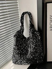 Fashionable Sequin Tote Bag, Chic Starry Sky Glitter Shoulder Handbag, 2026 New Arrival - Silver - View 9