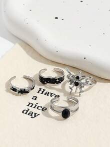 4pcs Vintage Black Y2K Enamel Rhinestone Butterfly & Star Rings Set, Open Finger Rings For Women, Sweet & Cool Style - Silver - View 3