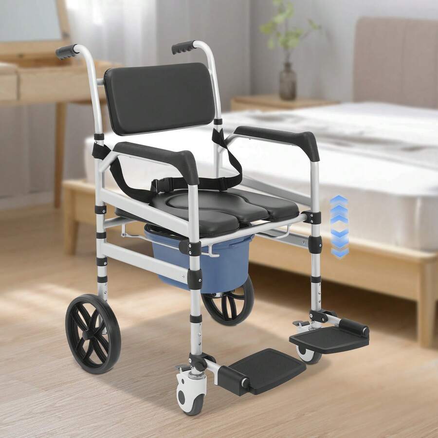 Foldable Shower Rolling Chair With Commode & Wheels, 330lb Heavy Duty Adjustable Height Bath Chair, Silver Black Aluminum Alloy Folding Shower Seat, Heavy Duty Shower Chair With Wheels & Brakes, Adjustable Foldable Rolling Chair For Elderly & Safety (Silver Black) - A - 查看 1