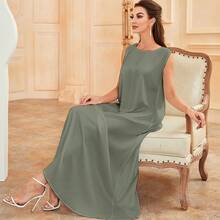 Solid Color Pearl Sheen Round Neck Sleeveless Casual Shift Dress Spring - Green - View 6