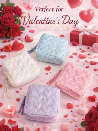 1pc Valentine's Day, Holiday Gift, Heart Shaped Mini Makeup Bag, Heart Quilted Puffy Soft Small Square Pouch, Small Cosmetic Bag, Sanitary Pad Storage Bag, Jewelry Organizer Pouch, Coin Purse, Travel Portable Storage Bag, Multi-Functional Daily Supplies Storage Pouch