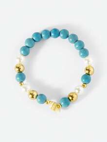 Opalesca 3pcs/Set Islandy Turquoise Natural Seashell Beaded Bracelet With Metal Starfish & Shell Pendant, Suitable For Women Daily Use And Beach Party - Blue - View 7