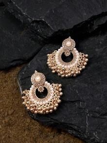 Opalesca 1pair Of Luxurious Exaggerated Vintage Bohemian Style Hollow Out Rhinestone Earrings, Perfect For Party, Women's Fashion Accessory - Gold - View 3