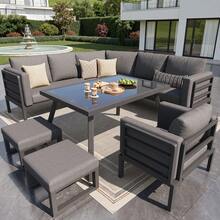 Halbmond-Shaped Gartensofa-Set For 8 Personen / Robustes Eisengestell Mit Grauen Polstern / Komplett Mit Glastisch, 1 Sessel & 2 Hockern / Wetterfeste Terrassenmöbel Für Balkon - 1 - View 7