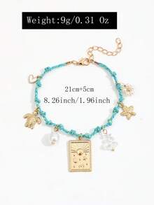 1条波西米亚风彩色编织手链，饰有仿珍珠、油滴、心形、海龟、海星、星星、月亮吊坠，女士款 - 金色 - 查看 5