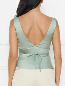 Womens Satin Tank Tops  Sleeveless Deep V Neck Solid Color Tops Slim Fit Shirts - Light Green - View 2