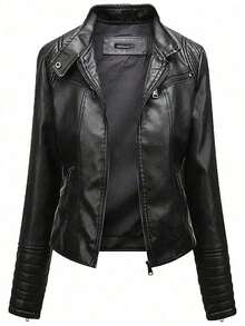 Women's Leather Jacket, Long Sleeve Fitted Stand Collar Leather Coat, Autumn,Fleece,Winter - 黑色 - 查看 1