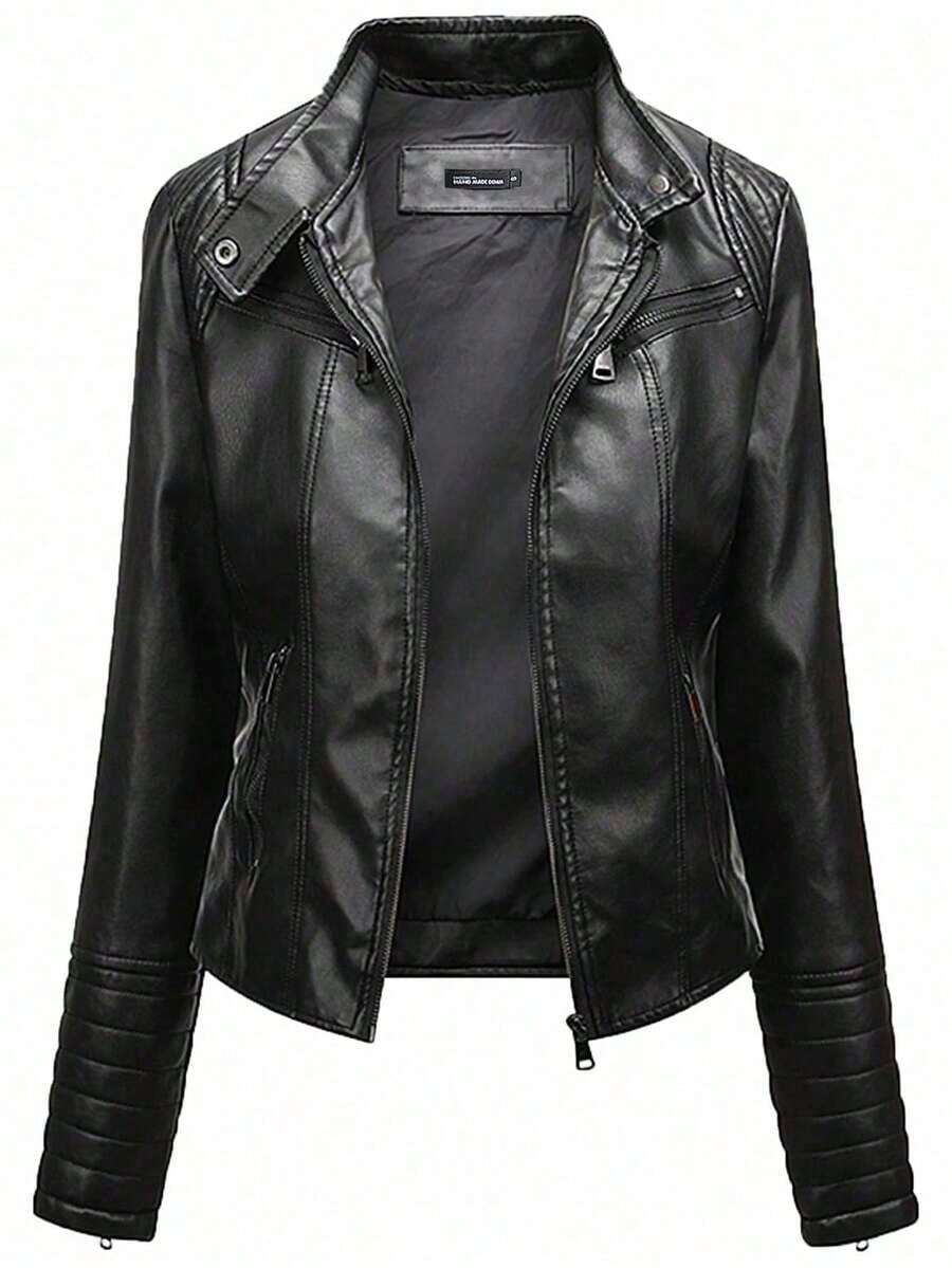 Women's Leather Jacket, Long Sleeve Fitted Stand Collar Leather Coat, Autumn,Fleece,Winter - 黑色 - 查看 1