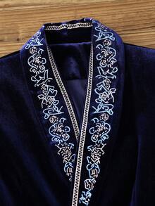 复古优雅开襟领口及袖口饰以精致波西米亚风刺绣设计的长袖女士西装外套，百搭实用，适合办公室、晚宴、度假、日常穿着、生日派对、正式晚宴、婚礼、鸡尾酒会、下午茶等各种场合。 - 海軍藍 - 查看 9