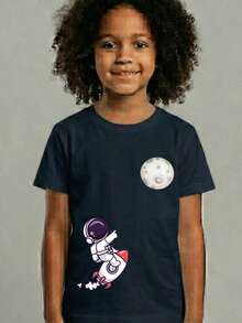 Camiseta Infantil Básica Algodão Estampa Foguete Volta Aulas - Azul - Visão 3