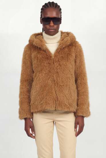 Naf Naf Camel Short Coat With Soft Faux Fur Hood Manteaux En Fausse Fourrure Maroon Fabric