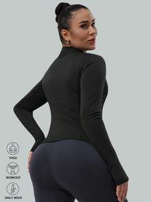 Plus Size Women's Solid Color Stand Collar Yoga Sports Jacket - Black - View 5