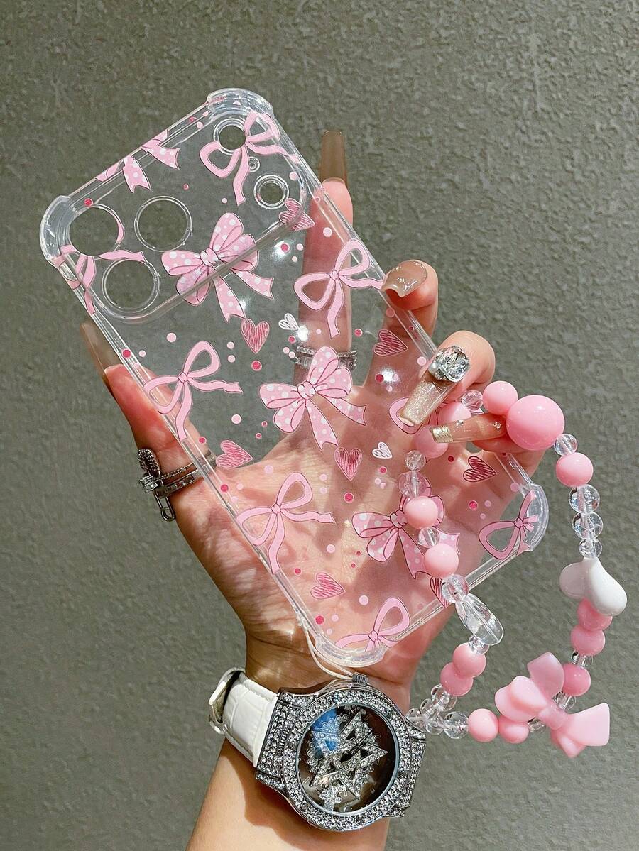 1个情人节粉色蝴蝶结爱心透明TPU全包手机壳，带粉色爱心串珠吊坠，兼容 17、17 Air、17 Pro、17 Pro Max、11、13、14、15、15 Pro、15 Pro Max、16、16 Pro、16 Plus、16 Pro Max，防水、防震、防摔、防刮花 - 無色 - 查看 1