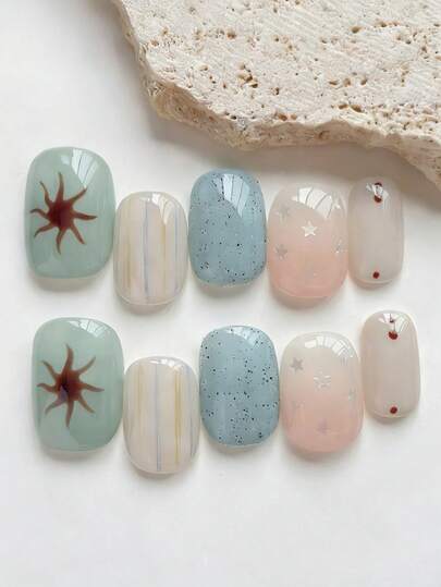 10pcs Minimalist Fresh INS Daily Versatile Y2K Silver Five-Pointed Star, Hand-Painted Yellow-Blue Gradient, Pink-White-Blue-Green Short Square & Round Nail Art Stickers