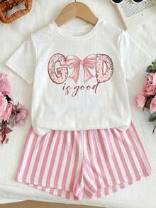 1pc Girls Cute Bow Print Short Sleeve T-Shirt & Striped Shorts 2 Pieces Set, Summer - White - View 1