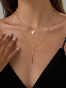 Set de 3 collares de mujer de estilo minimalista - Colgante de corazón + barra, collar multicapa, diseño de lujo delicado - Amarillo Oro - Ver 1