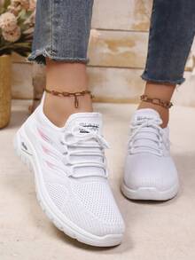 2026 Novo Lançamento Sapatos Esportivos Casuais de Moda Feminina em Tecido Sólido com Cadarço, Confortáveis, Respiráveis, Antiderrapantes e Duráveis, Modelo Baixo com Cadarço e Logotipo Lateral com Design de Escama de Peixe, Adequado para Uso Interno/Externo, Opções de Várias Cores, Presente Ideal para Mulheres, Todas as Estações - Branco - Visão 3