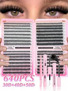 640片夸张C型卷翘8-16mm混合款DIY假睫毛套装，包含DIY下睫毛、睫毛册、高容量柔软单根假睫毛，在家即可打造蓬松自然的Y2K蝴蝶妆效，持久妆容。套装包含DIY睫毛胶水、DIY卸妆液和DIY睫毛镊子（下睫毛+30D+40D+50D*2）。睫毛簇套装，假睫毛。 - 黑色 - 查看 1