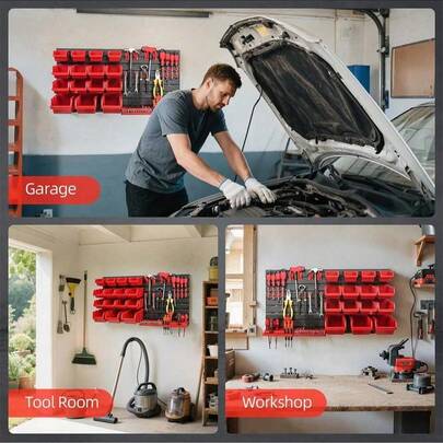Wall Mounted Storage Bins 39-Bin Parts Rack Organizer Garage With Wall Panels Hooks Plastic Shop Tool For Screw Nails