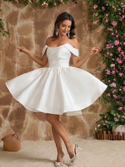 YUMIBRAVO Ballet Style Wedding Dresses For Bride, Ruched Bust White Dresses For Women Satin Wedding Dress Bride Short Prom Dress Graduation Dress Woman Formal Dress Elegant Bridal Dresses For Wedding Party