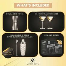 - Silver Luxury Home Mixology Cocktail Shaker Set With Silver Accessories + 2 Ribbed Espresso Martini Glasses - Glass Shaker With Built-In Strainer | Ideal For Home Bartenders - 銀質雞尾酒調酒器+羅紋馬丁尼酒杯 - 查看 3