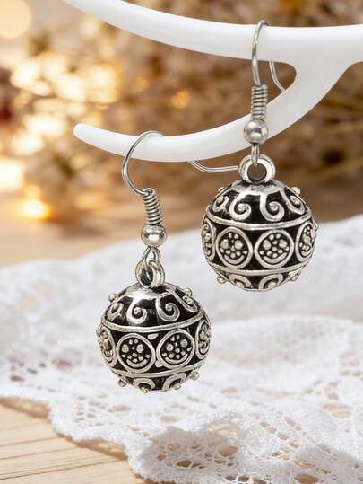 1对复古花卉图案球形耳环（女士款）