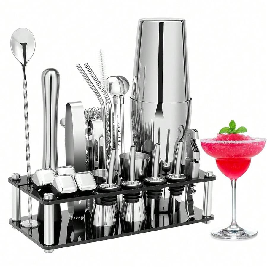 Cocktail Shaker Set, 23-Piece Boston Stainless Steel Bartender Kit With Acrylic Stand & Cocktail Recipes Booklet, Professional Bar Tools For Drink Mixing, Home, Bar, Party (Include 4 Whiskey Stones) - Sliver - View 1