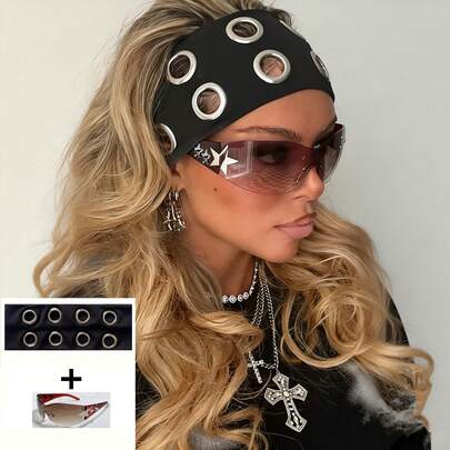 朋克金属圈 Y2K 时尚弹力发箍，复古头饰组合