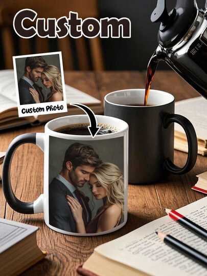 1pc Customized Mug, Personalized Coffee Cup, Heat Sensitive Color Changing Magic Cup, Customizable With Photo, Text And Logo, Unique Gift Suitable For Valentine's Day, Birthday, Children's Day, Father's Day, Graduation, Wedding, Housewarming And More, Applicable For Restaurant, Living Room, Bedroom, Office, Tea Room, Home, School And Other Scenarios