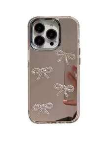 Rhinestone Bow Tie Mirror Phone Case Compatible With Iphone 17/16, High-End European And American Personalized Creative Apple 15 Protective Case 14 Protective Shell 13 Pro Max Phone Case, Shiny Bow Soft Shell Protective Case - Silver - View 3
