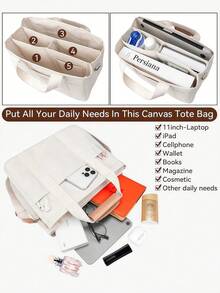 Large Capacity Multi-Pocket Shoulder Bag With Compartments, Versatile Handbag With Handles, Beige, Large School Tote Bag, Multiple Compartments, Perfect For Beach, School, Work & Daily Use - Màu be - Xem 8