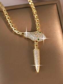 1pc Luxury Mysterious Snake Cubic Zirconia Chain Necklaces, Vintage Funky Long Clavicle Chain For Daily Wear, PartyAccessory And Gift For Friends - Yellow Gold - View 6