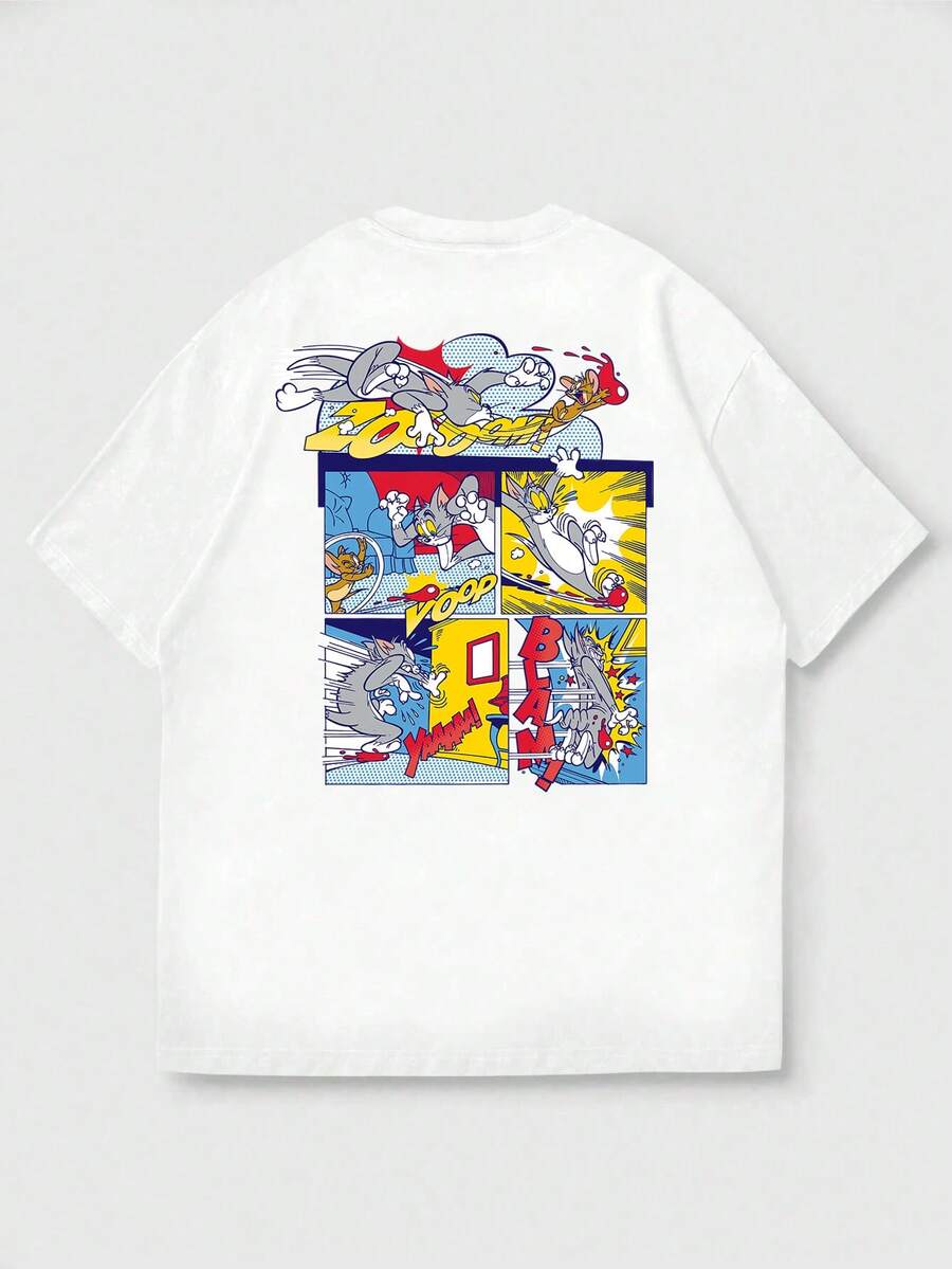 Men's Casual Versatile Tom And Jerry Element Printed Short Sleeve T-Shirt - White - View 1