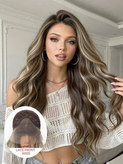 Long Curly 13*4 Lace Wig Brown With Blonde Highlights Lace Wigs Fluffy Curly Heat Resistant Synthetic Lace Front Wig Perfect For Date Daily Wear & Special Occasions