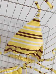 女士性感简约青春两件式泳衣套装，条纹印花挂脖系带比基尼，适合海滩、度假、约会，春夏新品 - 黃色 - 查看 5