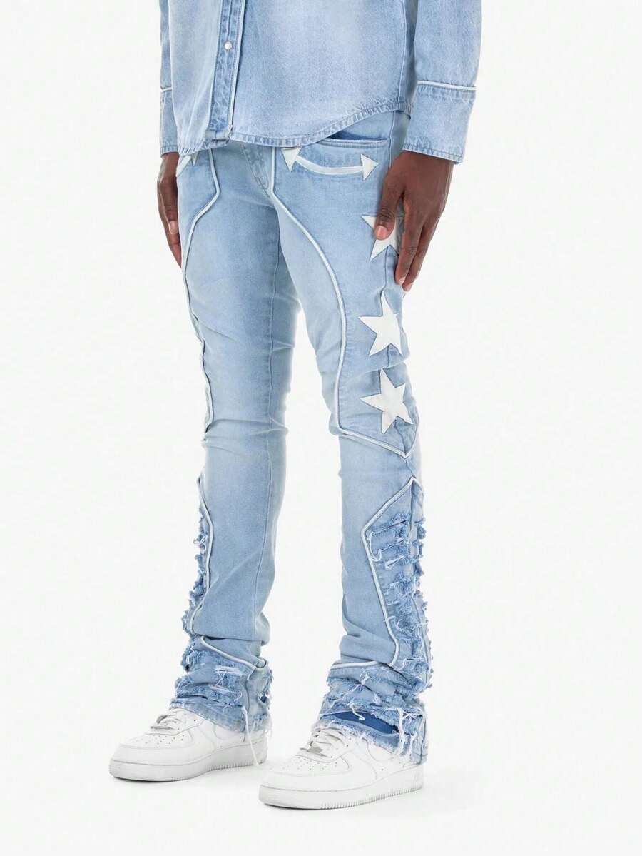 男士常规版型星形印花牛仔裤，修身刺绣贴片牛仔裤，Y2K风格摇滚牛仔裤 - 中等水洗藍 - 查看 1