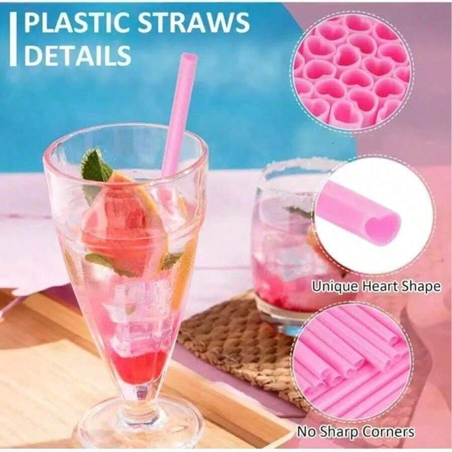 Pajitas de plástico reutilizables con forma de corazón rosa, lindas y elegantes para café, bebidas, jugos, bares, hoteles y uso doméstico - Rosa - Ver 1