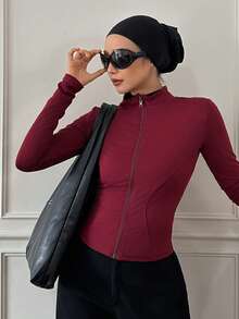 DAZY Women's Solid Color Stand Collar Slim Fit Fashion Casual Jacket For Daily Wear - Burgundy - View 4