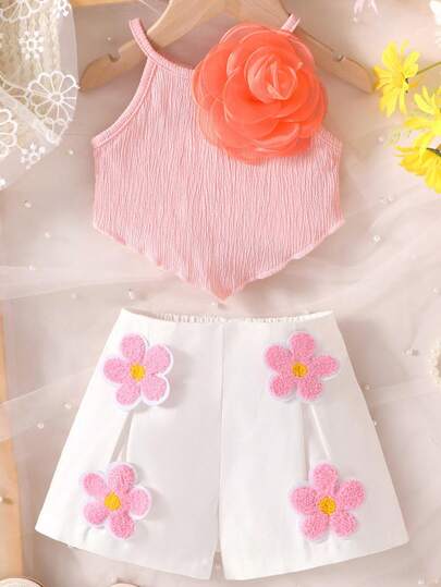 2pcs/Set Baby Girl Casual Elegant Cute Soft Comfortable Outfit, 3D Floral Decor Camisole Top And Elastic Waist Floral Shorts Set, Toddler Girls Summer Daily Wear, Vacation, Party, Outdoor