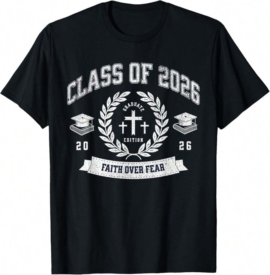1Pc Clase de 2026 Graduación Cristiana Religiosa Camiseta de Graduado Senior para Mujeres, Camiseta para Hombres, Estilo Unisex, Camiseta Deportiva, Camiseta de Fiesta, Camiseta de Regalo, Talla S-4XL, 100% algodón, Negra