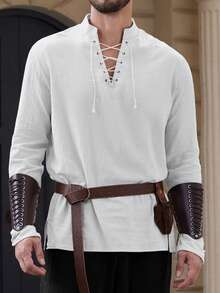 Men's Long Sleeve Medieval Shirt, Drawstring Linen-Like Fabric Viking Costume - White - View 2